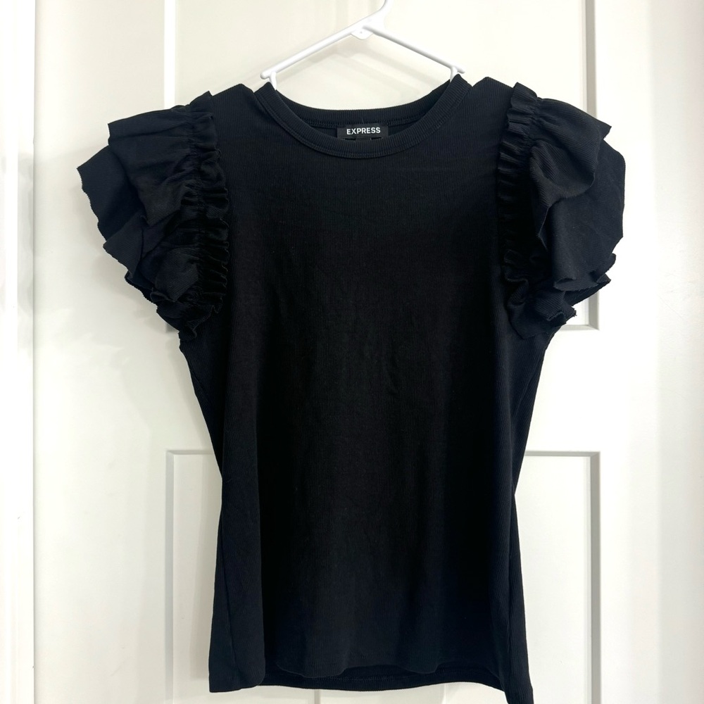 Express Women’s Double Ruffle Top, Pitch Black, Medium